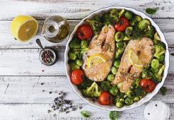 Salmon on a bed of vegatables, a great source of B Vitamins.